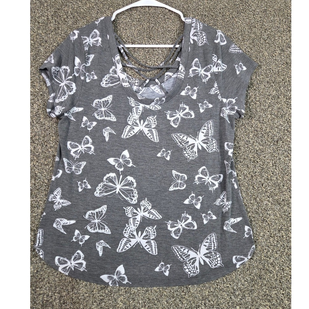 No Boundaries Butterfly Print‎ T-Shirt Women XXL Gray Strappy Back Short Sleeve